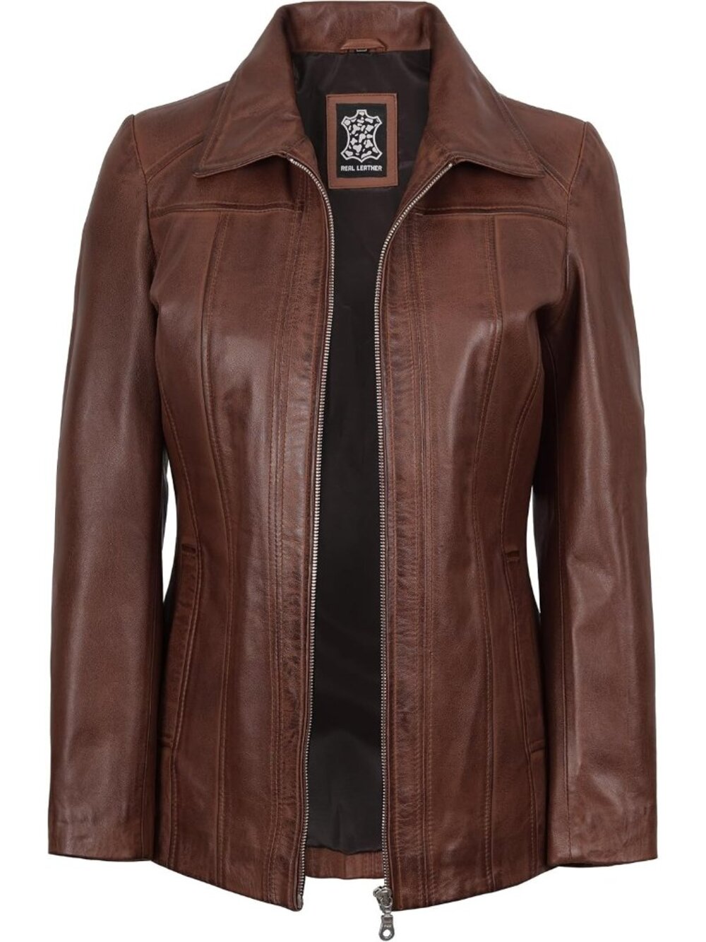 Women’s Cognac Leather Coat Shirt Collar Long Jacket Classic Stylish Outerwear